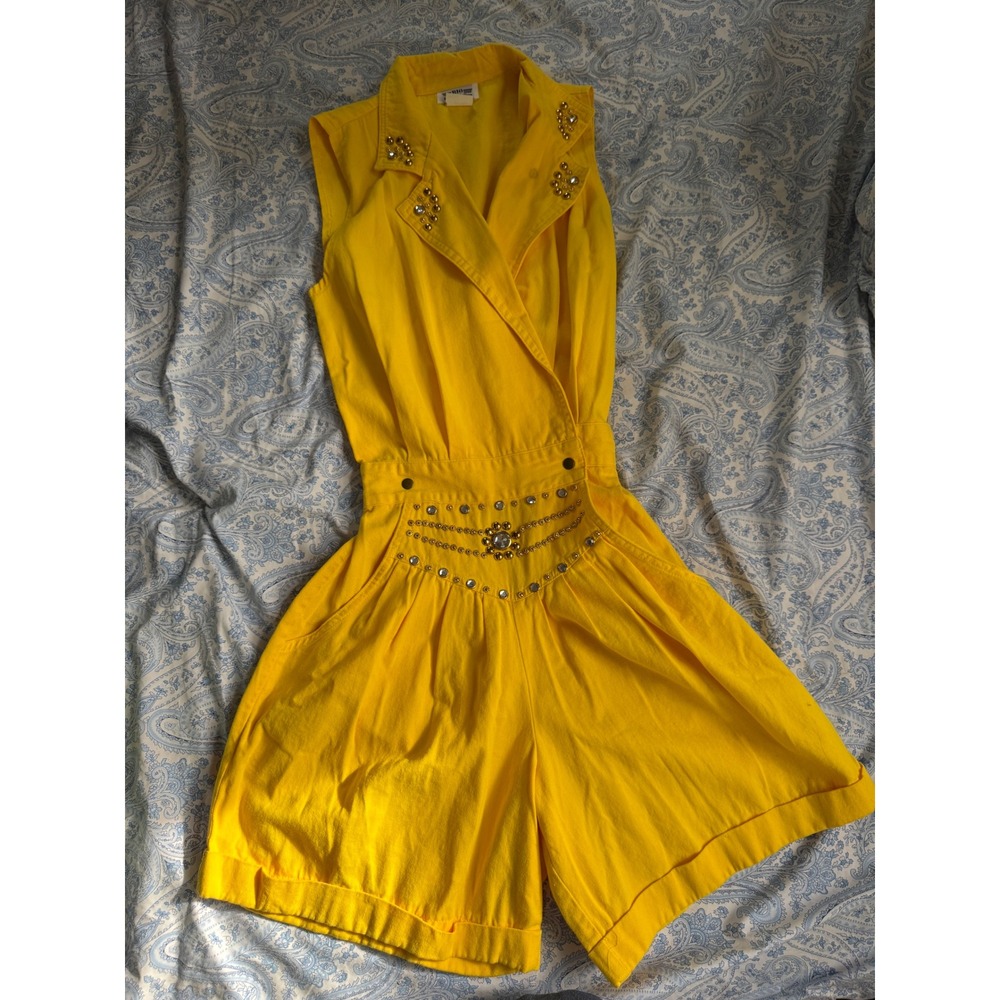 Vintage Sleeveless Romper Yellow Embellished‎ Studded 80s Jumpsuit Party